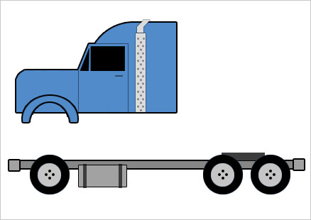 Truck chassis with cab disconnected.