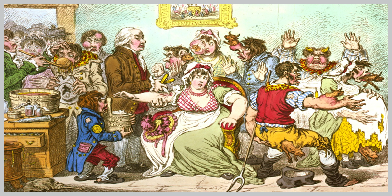 A cartoon making light of Edward Jenner's attempt to administer modified cowpox vaccines to immunize people against smallpox. Note the inoculated humans spawning cows from their bodies to the right.